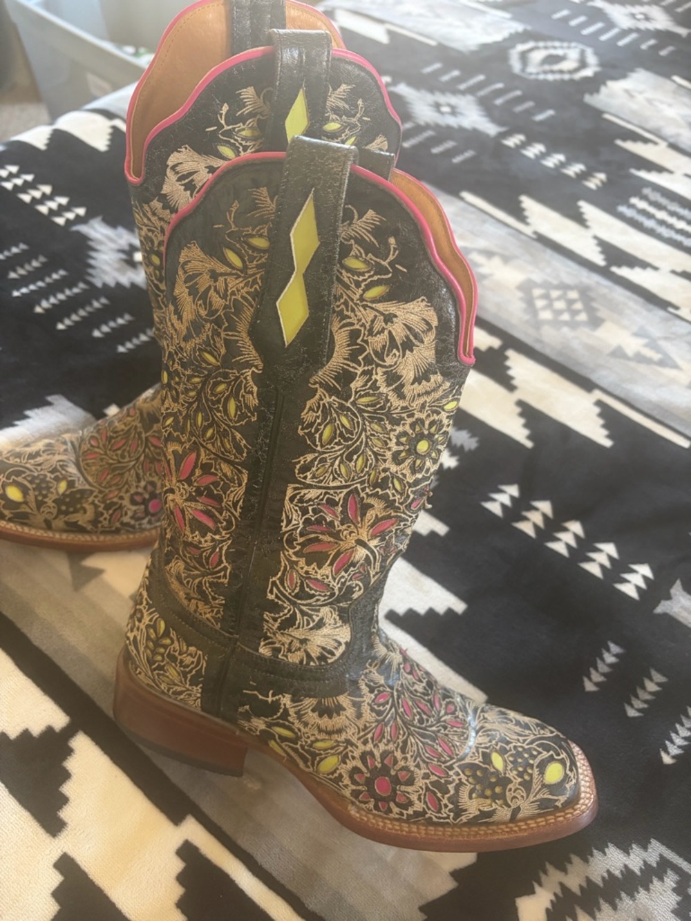 Johnny Ringo Black Floral Embossed Heeled Boots with Pink Accents - Picture 6 of 9